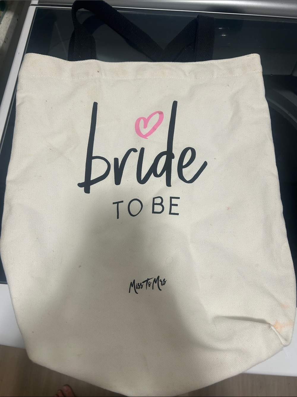Bride To Be Canvas Tote Bag in Cream with Pink Heart Accent